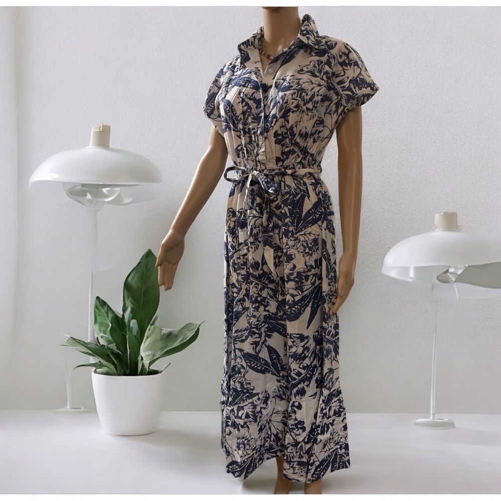 Blue and White Notched Collar Maxi Dress